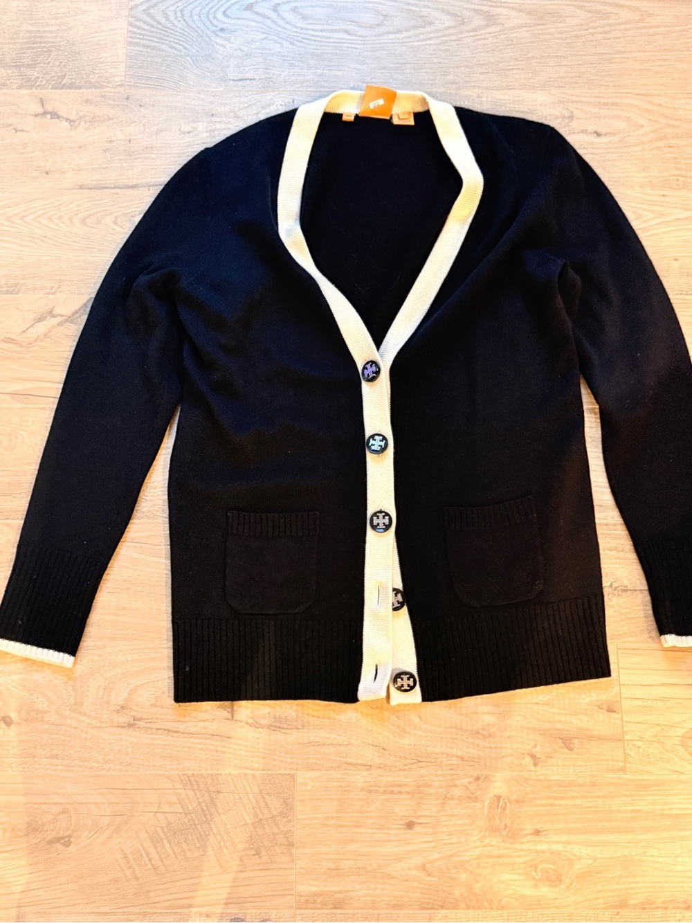 Tory Burch Black Cardigan with Cream Trim 100% Merino Wool- Size Large